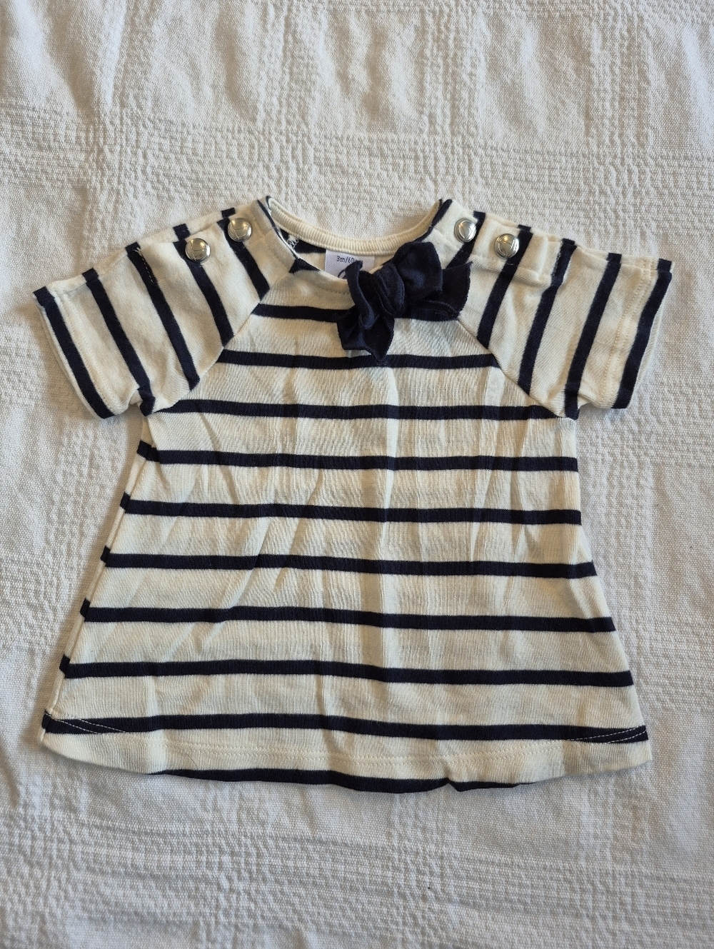 Petit Bateau girls size 3 months striped top white with blue stripe & bow EUC